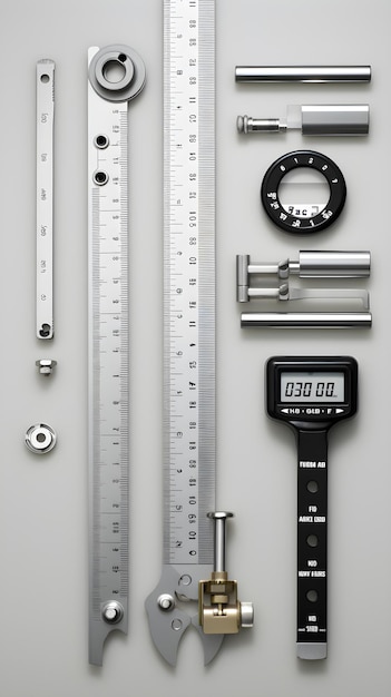 Photo closeup view of various cm measurement tools stainless steel ruler flexible measuring tape and d