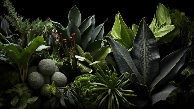 closeup view of various kinds of plants plant background with dark natural appearance