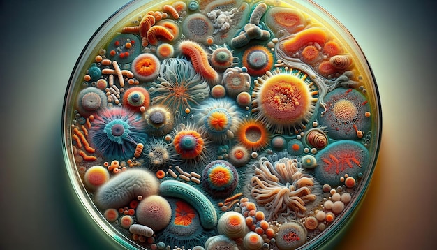 Photo closeup view of various microorganisms in a petri dish resembling abstract art concept microscopic world biological diversity artistic science