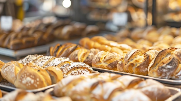 A closeup view of various types of freshly baked bread golden and crusty on display in a bustling bakery