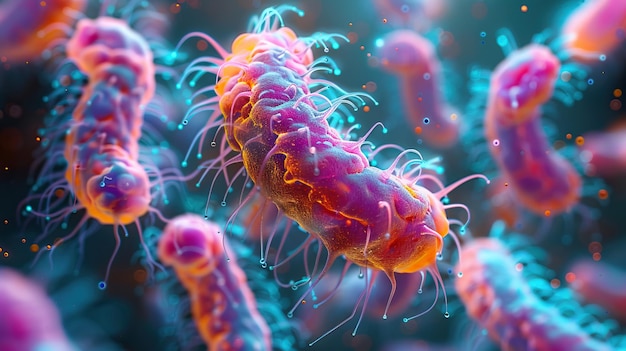 Closeup view of vibrant colorful bacteria in a microscopic environment showcasing their unique structures and lively movements