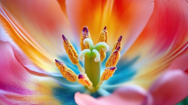 Photo closeup view of a vibrant tulip showing intricate details of petals and stamen in a garden setting during springtime