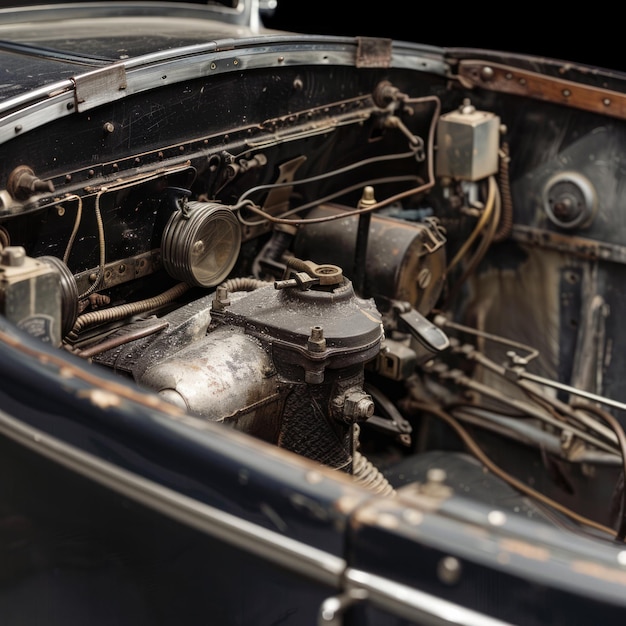 Closeup view of a vintage car engine