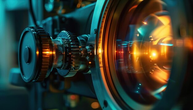 Photo closeup view of a vintage film camera lens with warm light reflections in a studio setting