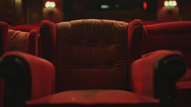 Photo a closeup view of vintage plush red cinema seats against a dimly lit backdrop evoking nostalgia and the classic charm of movie theaters