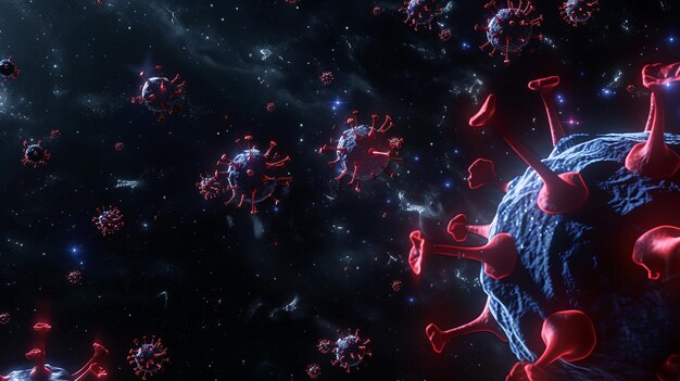 Photo closeup view of viruses in space the red and blue colors create a highcontrast science fiction feel this digital illustration is ideal for visualizing microbiology concepts or futuristic themes ai