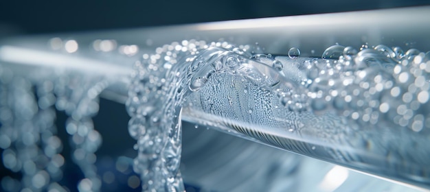 Photo closeup view of water flowing through advanced water filter for purification demonstration