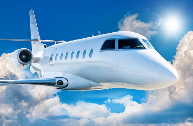 Closeup view of white luxury corporate airplane flies in the air above the clouds