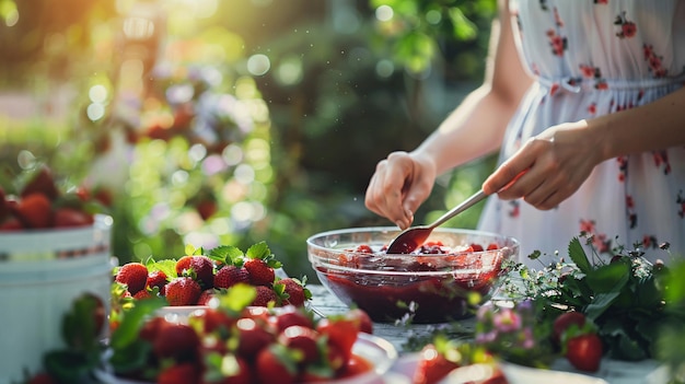 Closeup view of a woman preparing delicious strawberry jam on a table in the garden