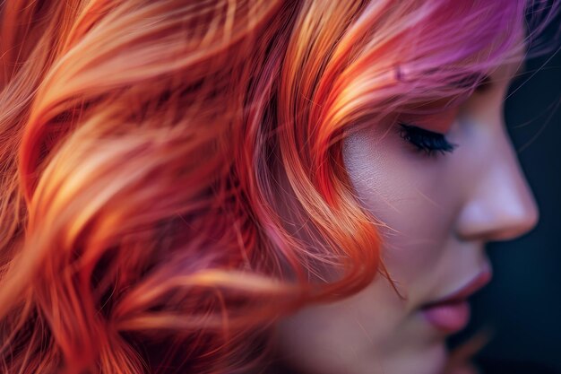 Photo a closeup view of a woman showcasing vibrant red and orange hair color gradients using color gradients to represent hair growth and removal