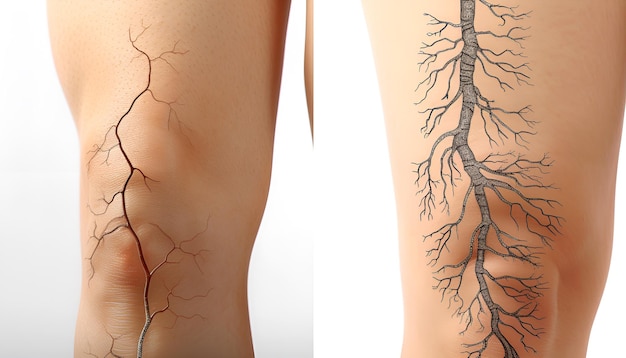 Closeup view of woman with varicose veins on white background Illustrations of damaged and healthy vein longitudinal section