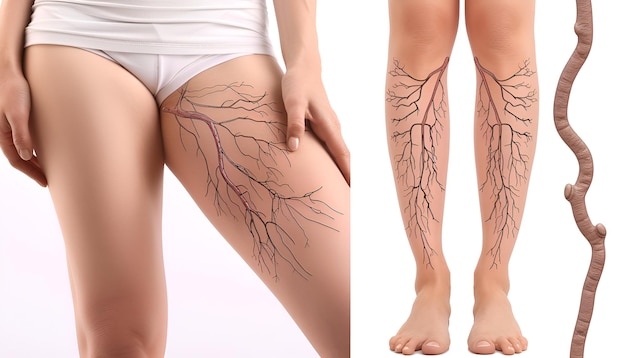 Closeup view of woman with varicose veins on white background Illustrations of damaged and healthy vein longitudinal section