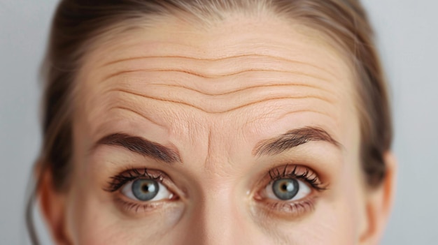 Photo closeup view of woman with wrinkles on her forehead