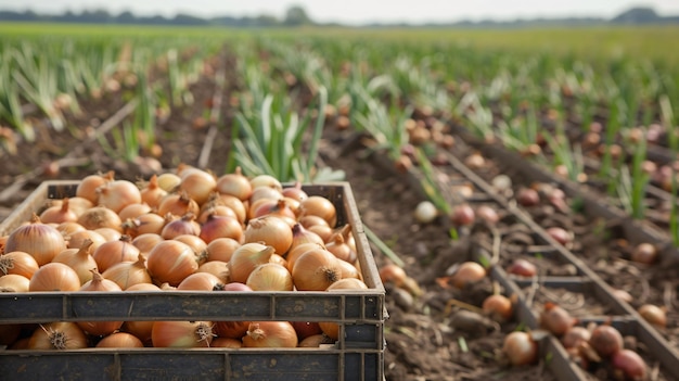 Closeup view of the wooden crates full of fresh onions just picked from the field