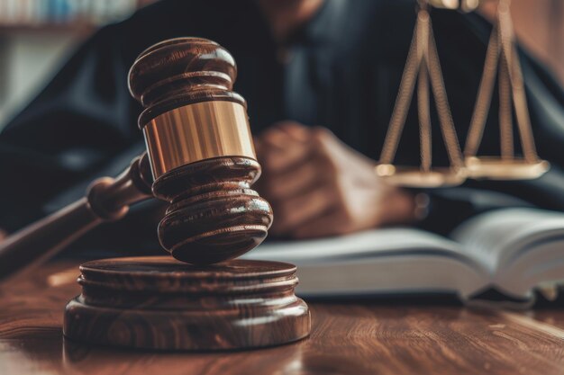 Photo closeup view of a wooden gavel and a judge reviewing legal texts in a courtroom