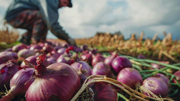 Closeup view of workers picking onions in the field