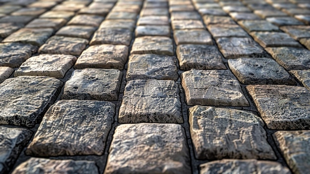 A closeup view of a worn cobblestone sidewalk with texture and character