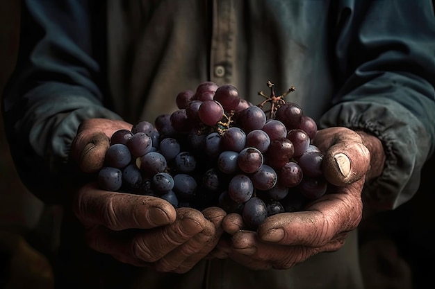 Closeup Of Vineyard Workers Hands Holding Cluster Of Grapes Generative AI