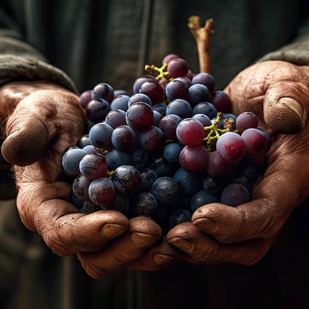 Closeup Of Vineyard Workers Hands Holding Cluster Of Grapes Generative AI