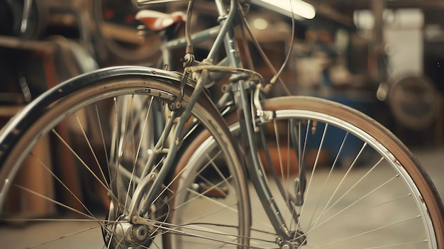 Closeup of a vintage bicycle with a brown leather seat and white tires parked in a bicycle repair shop