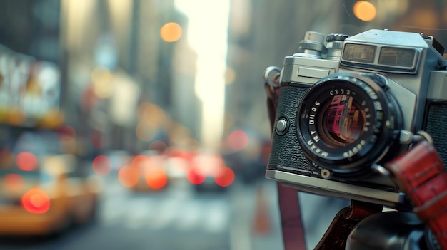 Photo a closeup of a vintage camera lens with a blurred background of city lights