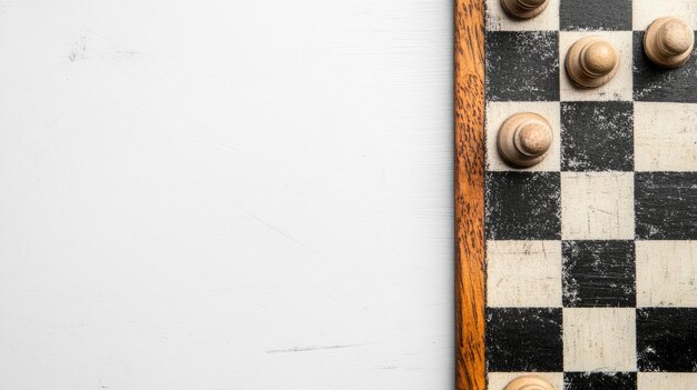 Photo closeup of vintage chessboard with wooden pieces on one side