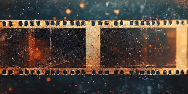 Photo closeup of vintage film strip with scratches and light leak