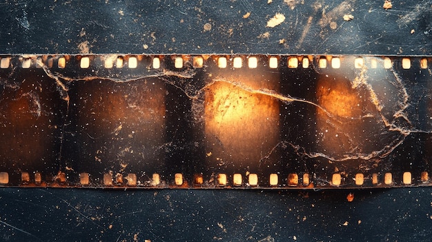 Photo closeup of vintage film strip with scratches and light leak