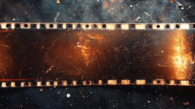 Photo closeup of vintage film strip with scratches and light leak