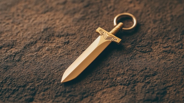 A closeup of a vintage golden sword pendant resting on textured stone symbolizing strength and valor