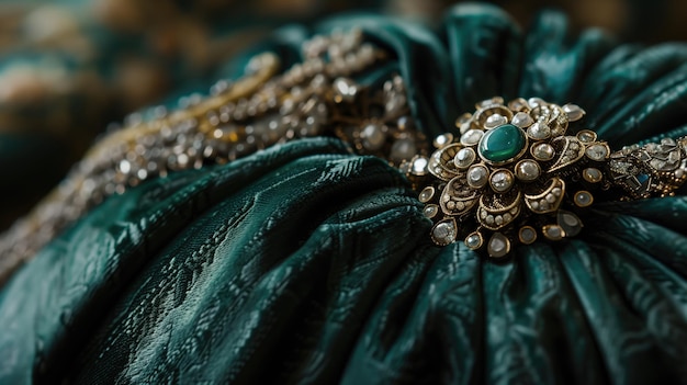 Closeup of vintage jewelry with emeralds on rich green velvet