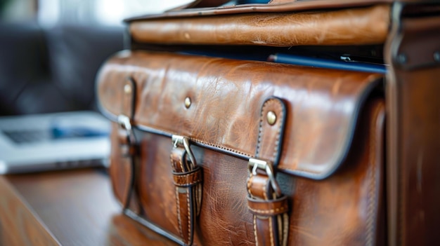 Closeup of a vintage leather bag on an office desk showcasing sophisticated and professional work accessories