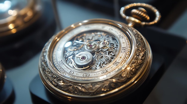 Closeup of a vintage pocket watch with intricate design and a visible inner mechanism