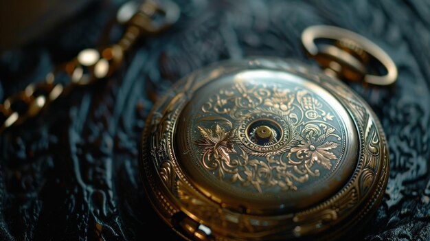 Closeup of a vintage pocket watch with intricate engravings on a dark background