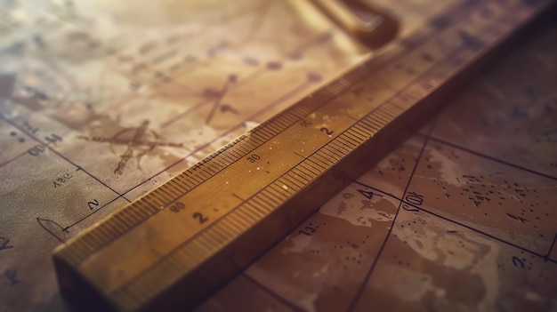 Photo a closeup of a vintage ruler on top of an old map the ruler is made of wood with metal accents and the map is yellowed with age