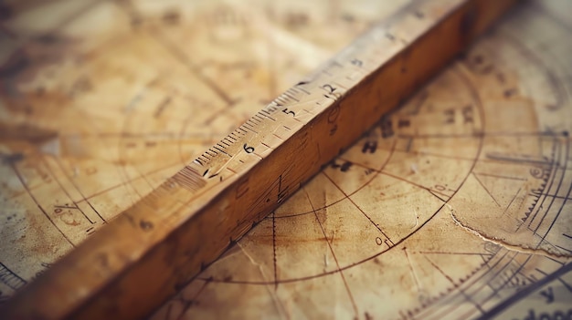 Photo a closeup of a vintage wooden ruler on top of an old map the ruler is made of dark wood the map is yellowed with age and has a tear in it