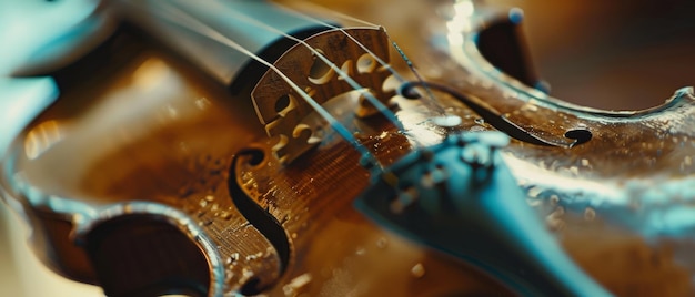 A closeup of a violin showcases its intricate shiny wood grain and strings reflecting the craftsmanship and timeless beauty of the instrument