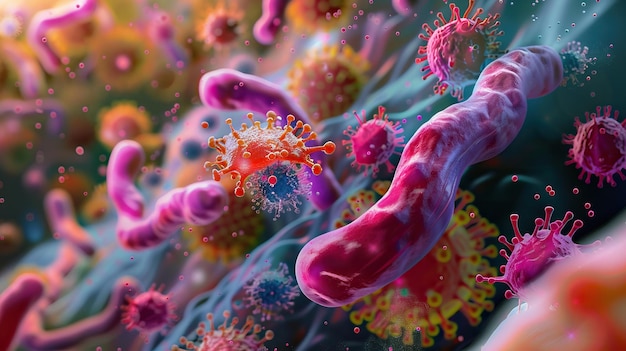 Closeup visualization of bacteria and viruses in a detailed microscopic view showcasing complex biological processes and pathogens