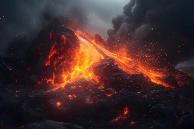 Closeup on a volcanic eruption Generative AI