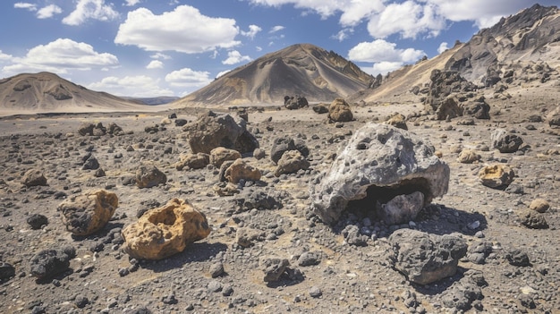 Closeup of volcanic rocks and boulders ejected during an eruption scattered across the barren terrain surrounding the volcano