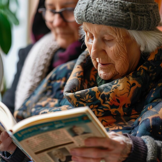 Photo closeup of a volunteer reading a book or newspaper to an elderly person promoting literacy and connection job id 39d12b091ab3474ebaaed8bc427eb1ac