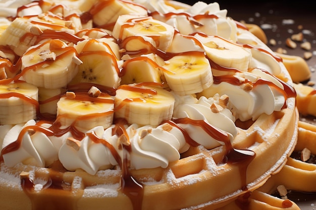 A closeup of a waffle with sliced bananas and whipped cream