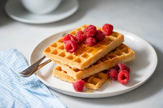 Closeup waffles with berries in plate served with cup of tea