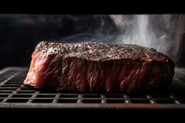 Closeup of wagyu steak with grill marks and smoke rising from the surface