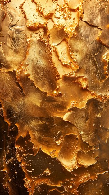 Photo closeup of wall made of goldcolored cracked paint in various shapes and sizes