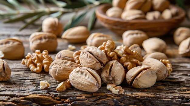 Closeup of Walnuts on wooden background Walnut kernels on olive tree wooden Generative Ai