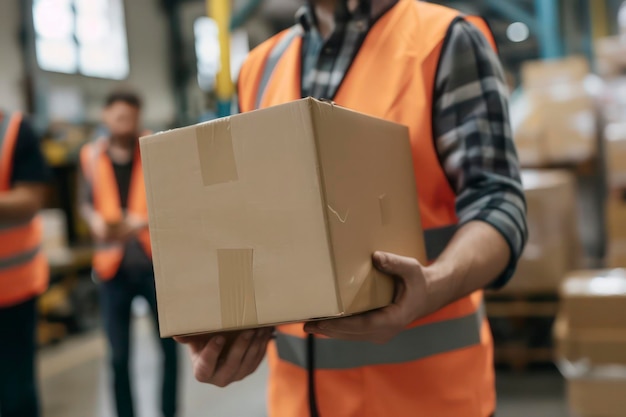 Photo closeup of warehouse employees preparing shipments in a large facility warehouse worker concept