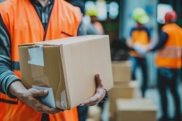 Photo closeup of warehouse employees preparing shipments in a large facility warehouse worker concept