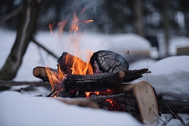 Closeup of warm and cozy campfire with firewood in the snow created with generative ai