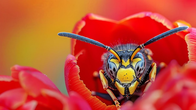 Closeup of a wasp on a red tulip with ample copy space